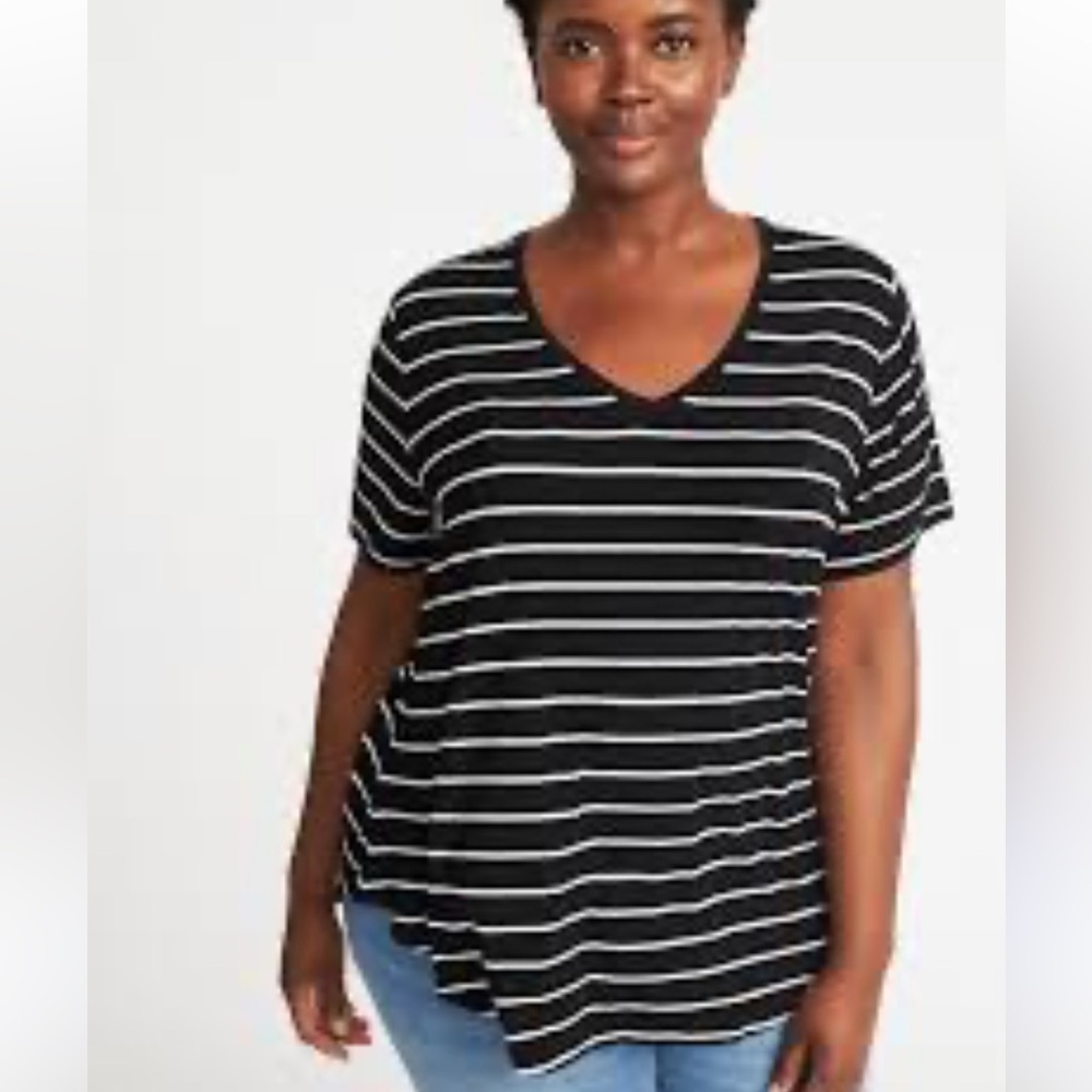 Black and White Striped V-Neck Women's Top